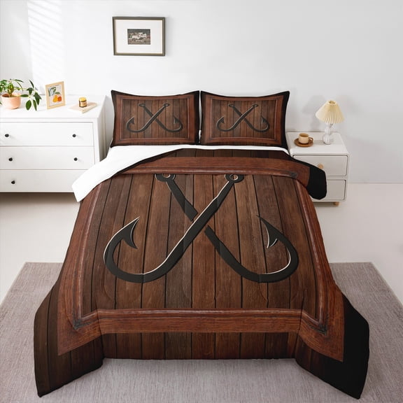 Manfei Vintage Fish Hook Bedding Comforter Set 2pcs for Kids Children Teens,Fishing Hunting Twin Comforter Sets Microfiber,Rustic Cabin Breathable Bedding Set,Breathable Home Decor