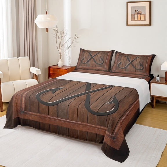 Manfei Vintage Fish Hook Twin Sheet Sets 3pcs for Kids Children Teens,Fishing Hunting Twin Fitted Sheet Microfiber,Rustic Cabin Breathable Flat Sheet,Breathable Home Decor