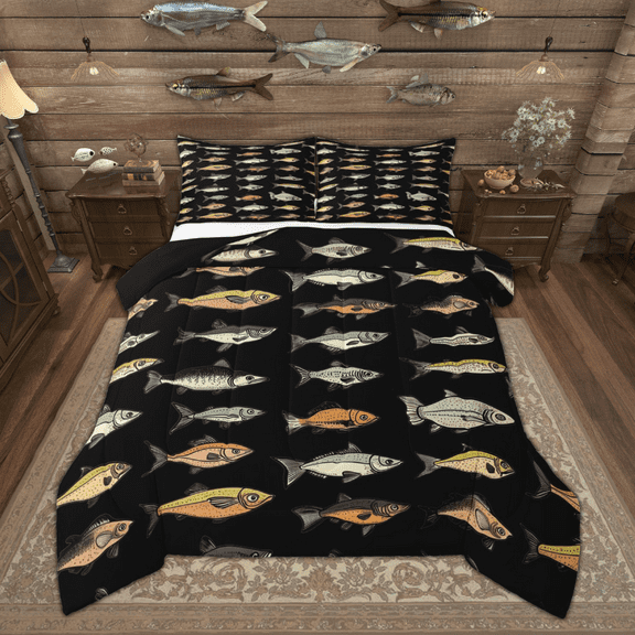 Manfei Vintage Fish Queen Comforter Set, Rustic River Lake House Bedding Sets, Hunting and Fishing Bedding Comforter Set, Ultra Soft Home Decor, Reversible 3 Pieces