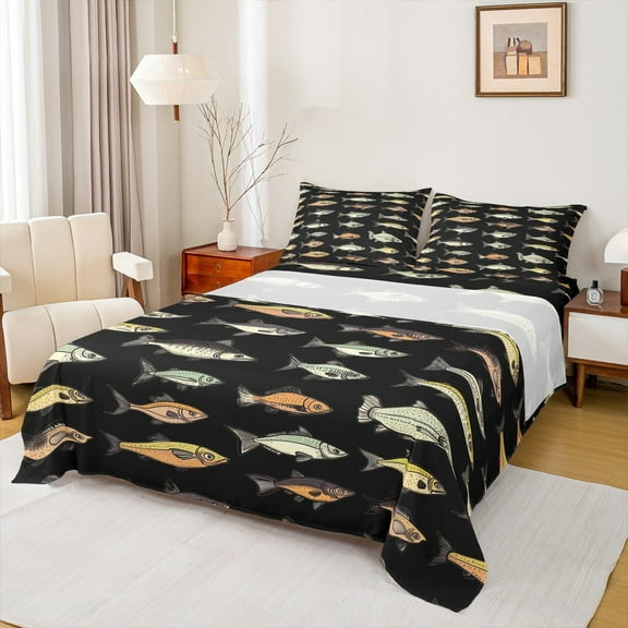Manfei Vintage Fish Queen Sheet Sets 4-Piece, Rustic River Lake House Flat Sheet, Hunting and Fishing Queen Fitted Sheet, Ultra Soft Home Decor
