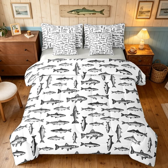 Manfei Vintage Fish Sketch Twin Bedding, Abstract Art Bedding Comforter Set, White Black, Gray Reversible, 7pcs