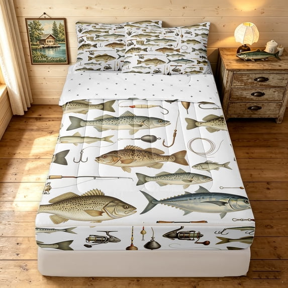 Manfei Vintage Fishing Zipper Queen Comforter Set with Fitted Sheet and 2 Pillowcases, Freshwater Fish Zipper Bedding Set, White Beige, Reversible, 4-Piece