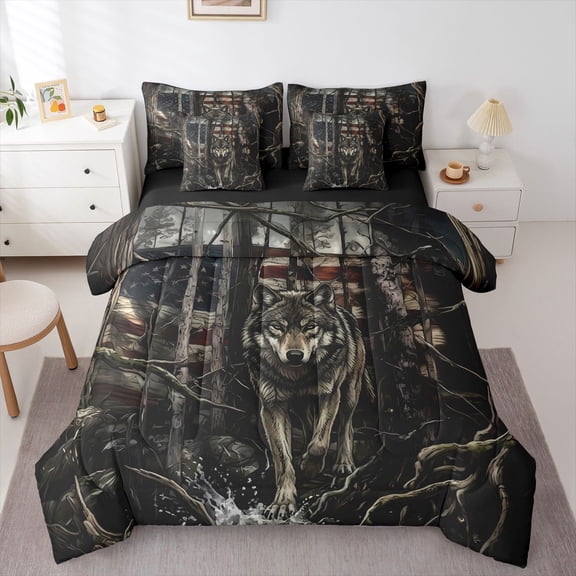 Manfei Vintage Flag 7 Pieces Full Size Bedding Sets,Wild Wolf Full Size Bed in a Bag,Brown Red,Black Reversible