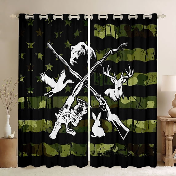Manfei Vintage Flag Blackout Curtains,Jungle Wildlife Hunting Curtains Pack of 2 (42x84 Each),Green