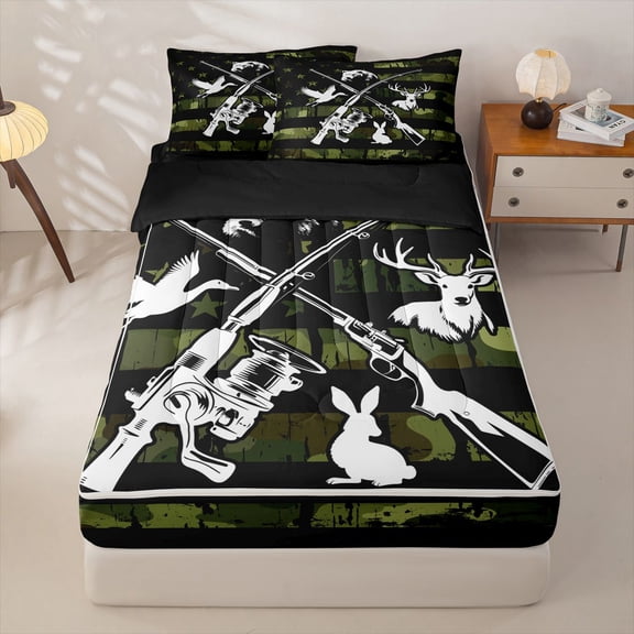 Manfei Vintage Flag Zipper Twin Comforter Sets with Fitted Sheet and 2 Pillowcases,Jungle Wildlife Hunting Zipper Bedding Set,Green,Black Reversible,4pcs
