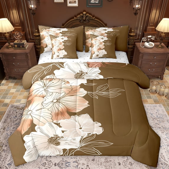 Manfei Vintage Floral 7-Piece Twin Bedding Sets,Ink Painting Artistic Bedding Comforter Set,Brown White Sheet Sets For Adults,Ultra Soft Home Decor Reversible