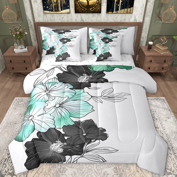 Manfei Vintage Floral 7-Piece Twin Bedding Sets,Ink Painting Artistic Bedding Comforter Set,Cyan Black White Sheet Sets For Adults,Ultra Soft Home Decor Reversible