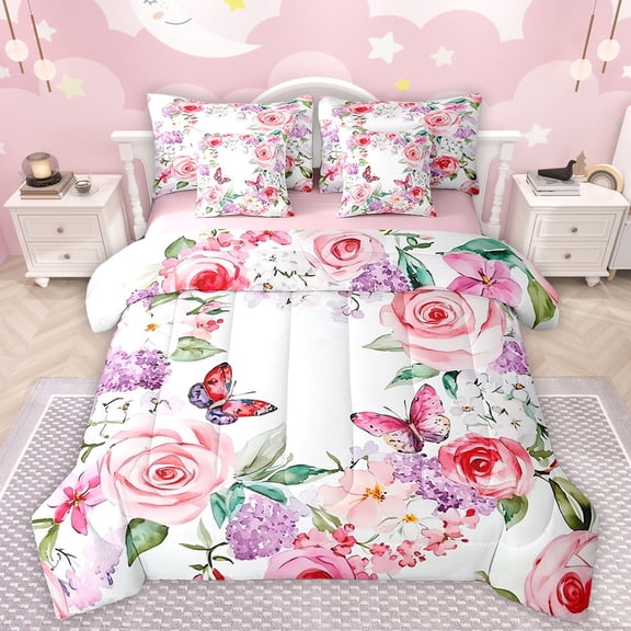 Manfei Vintage Floral 7 Pieces Bedding Comforter Set,Rustic Butterfly Full Bedding Set,Watercolor Flowers Hydrangea Fitted Sheet Flat Sheet For Kids,Breathable Home Decor Reversible