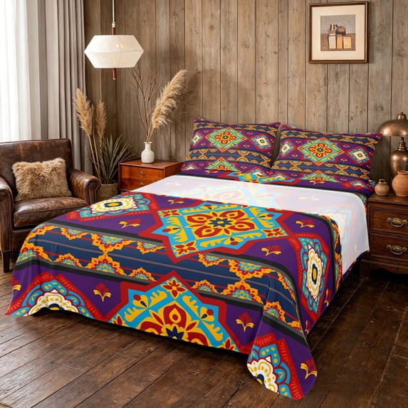 Manfei Vintage Floral Bed Sheets, Retro Aztec Fuul Size Sheets, Purple and Yellow, Black Reversible 4-Piece1 Flat Sheet + 1 Fitted Sheet + 2 Pillowcases