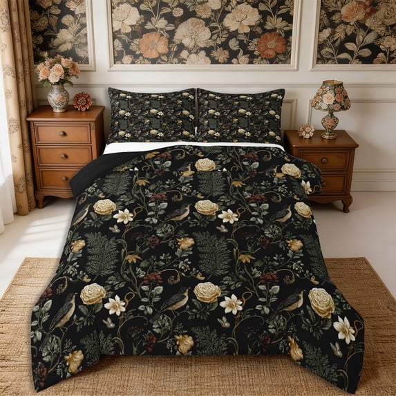 Manfei Vintage Floral Bird Queen Comforter Set 3 Pieces,Rustic Botanical Animal Comforter Sets Queen,1 Comforter and 2 Pillowcases,Reversible