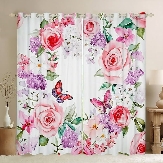 Manfei Vintage Floral Black Out Curtains,Rustic Butterfly Curtains Pack of 2 (42x63 Each),Watercolor Flowers Hydrangea Bedroom Curtains For Kids,Breathable Home Decor