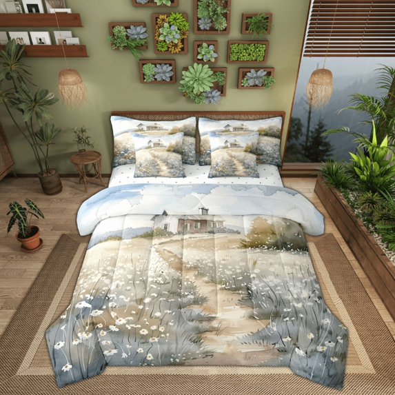 Manfei Vintage Floral Flower Bedding Comforter Set 7-Piece, Countryside King Bedding Sets, Western Lodge Cabin Reversible Bed Sheets, Lightweight Room Decor