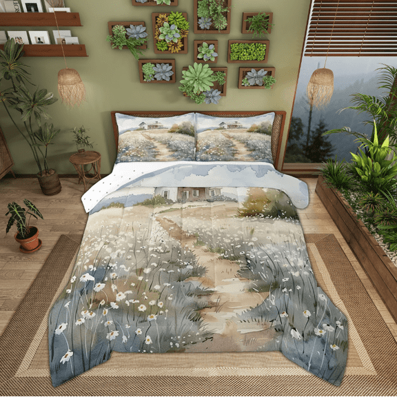 Manfei Vintage Floral Flower Full Size Comforter Sets, Countryside Bedding Comforter Set, Western Lodge Cabin Reversible Bedding Sets, Lightweight Room Decor, 3-Piece