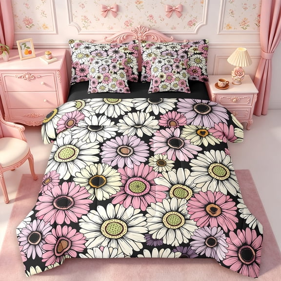 Manfei Vintage Floral King Bedding 7pcs,Colorful Daisy King Bed in a Bag,Reversible