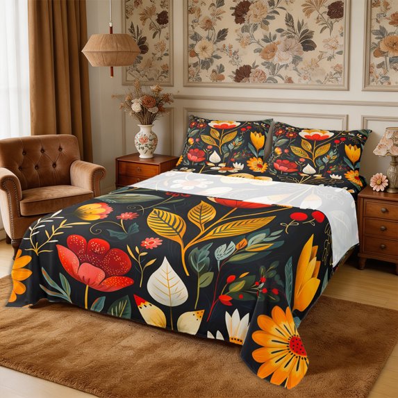 Manfei Vintage Floral Leaves Queen Sheets 4 Pieces,Bohemian Rustic Botanical Queen Sheet Sets,1 Flat Sheet,1 Fitted Sheet and 2 Pillowcases