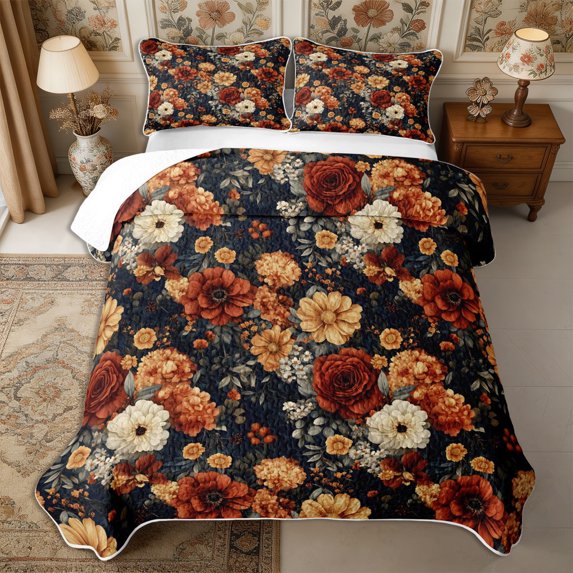 Manfei Vintage Floral Leaves Quilt King 3 Pieces,Rustic Botanical King Coverlet Set,1 Bedspread and 2 Pillowcases