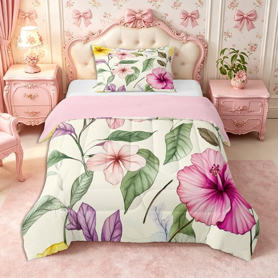 Manfei Vintage Floral Leaves Twin Comforter Sets 2pcs,Rustic Botanical Bedding Set,1 Comforter and 1 Pillowcase,Reversible