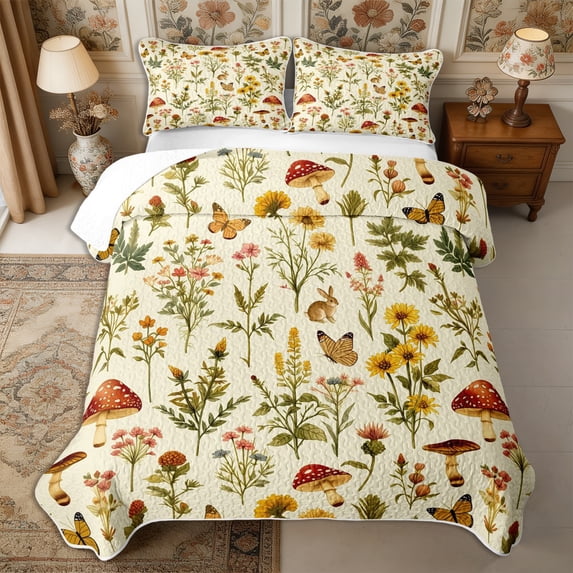 Manfei Vintage Floral Leaves Twin Quilt Set 2 Pieces,Rustic Rabbit Butterfly Twin Coverlet Set,1 Bedspread and 1 Pillowcase