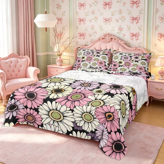 Manfei Vintage Floral Queen Sheets 4 Pieces,Colorful Daisy Queen Sheet Sets,1 Flat Sheet,1 Fitted Sheet and 2 Pillowcases