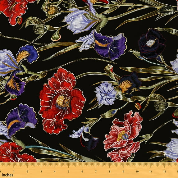 Manfei Vintage Floral Sewing & Crafting Fabric (1 Yard), Red Purple Blossoms Flower Home Decor Fabric by the Yard, Green Leaves DIY Fabric