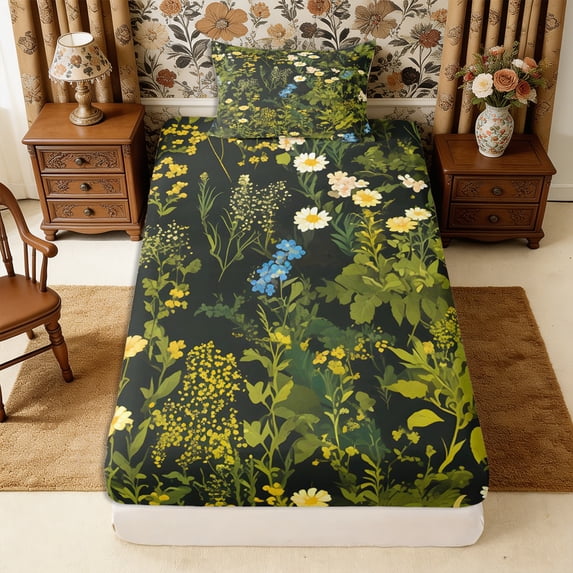 Manfei Vintage Floral Twin Fitted Sheet 2 Pieces,Rustic Botanical Bedding,1 Fitted Sheet and 1 Pillowcase
