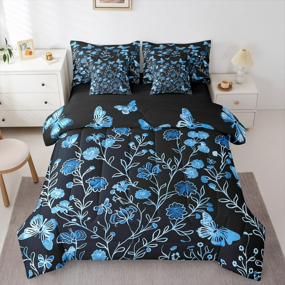 Manfei Vintage Flower 7-Piece Twin Bedding Sets,Rustic Wild Floral Bedding Comforter Set,Dreamy Blue Butterflies Sheet Sets For Girl Child,Luxury Bedroom Decor Reversible