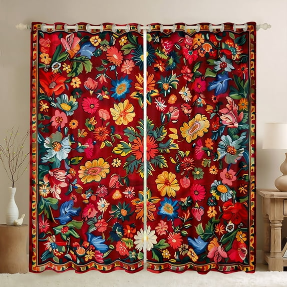 Manfei Vintage Flower Blackout Curtains Set of 2 (38x54 Each),Rustic Wild Floral Curtains and Drapes,Red Orange Living Room Curtains For Girl Child,Luxury Bedroom Decor