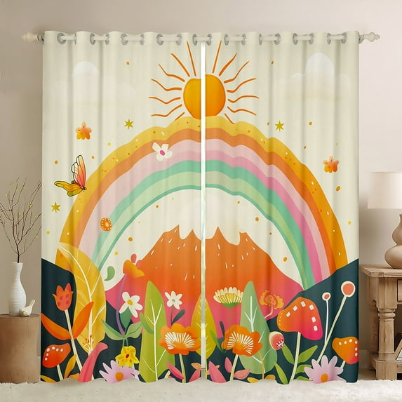 Manfei Vintage Flower Mushroom Black Out Curtains, Cartoon Rainbow Print Curtains Pack of 2 (42x63 Each), Teen Boy Girl Kid Bedroom Curtains, Curtains Blackout Room Decor