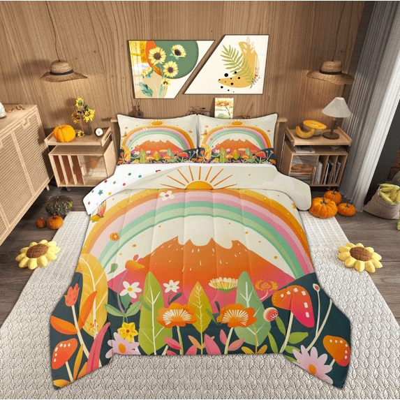 Manfei Vintage Flower Mushroom Full Size Comforter Sets, Cartoon Rainbow Print Bedding Comforter Set, Teen Boy Girl Kid Reversible Bedding Sets, Lightweight Room Decor, 3-Piece