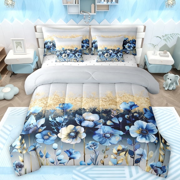 Manfei Vintage Flowers 7-Piece Bedding Comforter Set,Retro Rustic Floral King Bedding Sets,Blue Gold Gray Bed Sheets For Men Women,Luxury Bedroom Decor