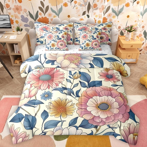 Manfei Vintage Flowers 7 Pieces Bedding Comforter Set,Retro Rustic Floral Full Bedding Set,Pink Beige Fitted Sheet Flat Sheet For Men Women,Luxury Bedroom Decor Reversible