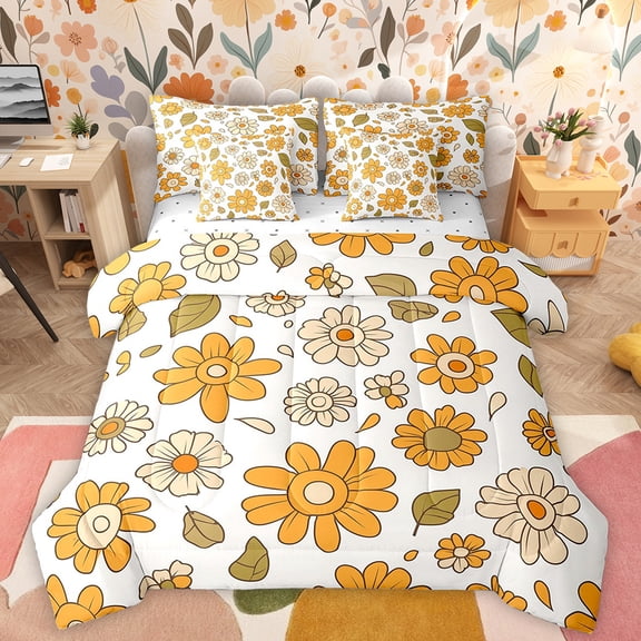 Manfei Vintage Flowers Daisy 7pcs Bedding Comforter Set,Retro Rustic Floral Queen Bedding Sets,White Yellow Queen Sheet Sets For Men Women,Luxury Bedroom Decor Reversible