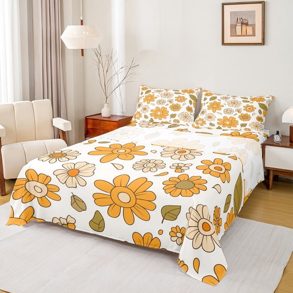 Manfei Vintage Flowers Daisy Twin Sheet Sets,Retro Rustic Floral Twin Fitted Sheet,White Yellow Flat Sheet For Men Women,Luxury Bedroom Decor,3 Pieces
