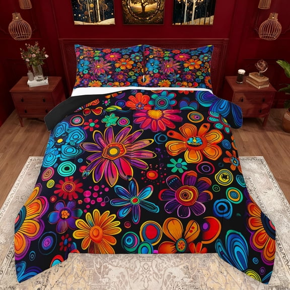 Manfei Vintage Flowers Queen Comforter Set,Retro Floral Bedding Sets,Boho bohemian Exotic Style Bedding Comforter Set For Men Women,Luxury Bedroom Decor Reversible,3pcs