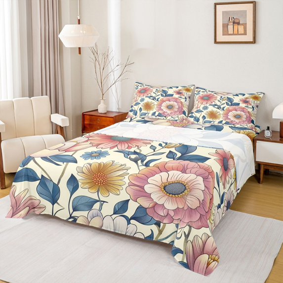 Manfei Vintage Flowers Queen Sheet Sets,Retro Rustic Floral Flat Sheet,Pink Beige Queen Fitted Sheet For Men Women,Luxury Bedroom Decor,4-Piece