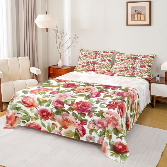 Manfei Vintage Flowers Twin Sheet Sets,Retro Rustic Floral Twin Fitted Sheet,Beige Pink Green Flat Sheet For Men Women,Luxury Bedroom Decor,3pcs
