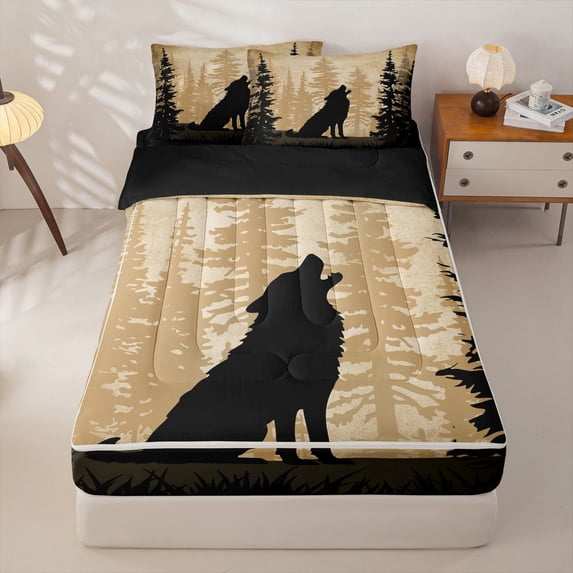 Manfei Vintage Foggy Woodland Zipper Twin Comforter Sets with Fitted Sheet and 2 Pillowcases,Wild Wolf Zipper Bedding Set,Brown,Black Reversible,4pcs