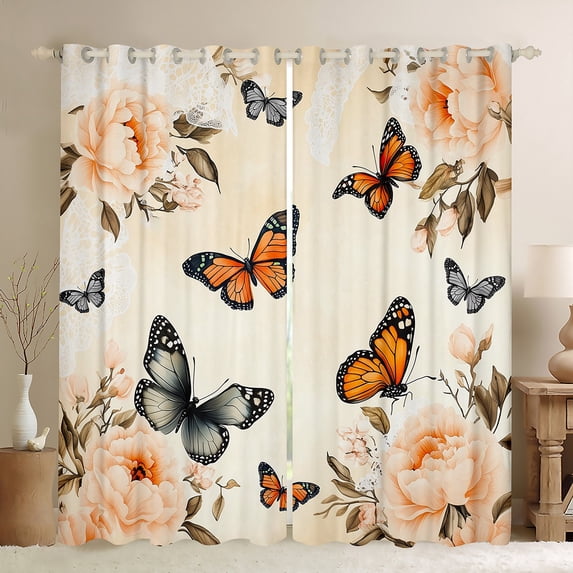 Manfei Vintage Garden Butterfly Black Out Curtains, Rustic Farmhouse Floral Curtains Pack of 2 (42x63 Each), Adult Teens Female Bedroom Curtains, Window Curtains Decor
