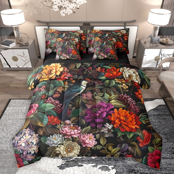 Homewish Vintage Garden Flower Twin Bedding Sets 7-Piece for Adult, Rustic Farmhouse Bedding Comforter Set, 3D Bird Animal Reversible Sheet Sets, Microfiber Bedroom Decor