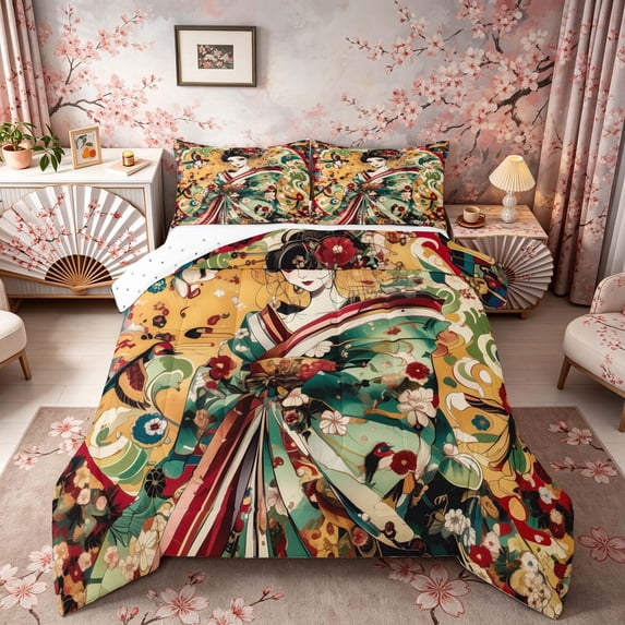 Manfei Vintage Geisha Girl Full Size Comforter Sets for Teens, Floral Bird Bedding Sets, Green Red Gold, Reversible 3pcs, 1 Comforter and 2 Pillowcases