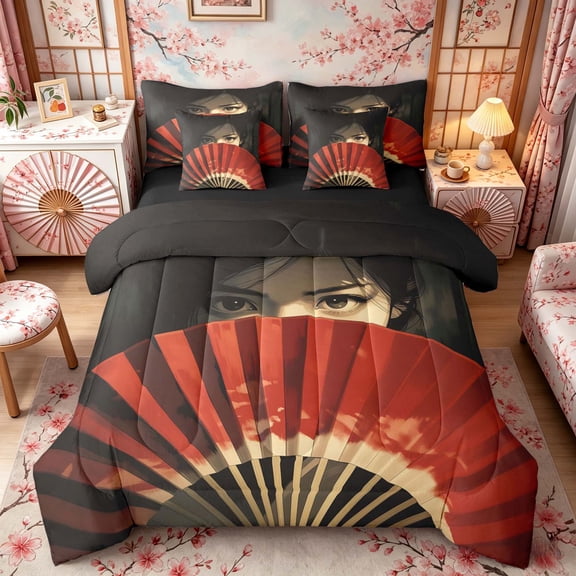 Manfei Vintage Geisha Twin Bedding Sets for Girls, Red Fan Bedding Comforter Set, Black Red, Black Reversible 7pcs
