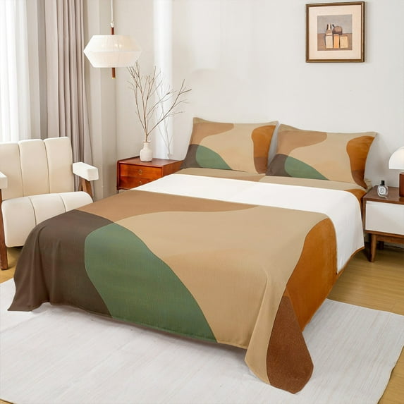 Manfei Vintage Geometric Aesthetic Twin Sheet Sets,Minimalist Art Twin Fitted Sheet,Green Brown Flat Sheet For Children,Microfiber Bedroom Decor,3-Piece