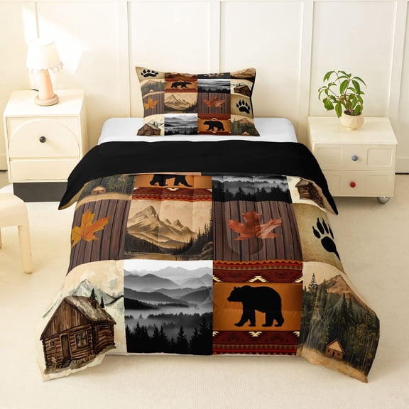 Manfei Vintage Geometric Grid Twin Comforter Sets,Wild Bear Print Bedding Set,Brown,Black Reversible,2 Pieces,1 Comforter and 1 Pillowcase