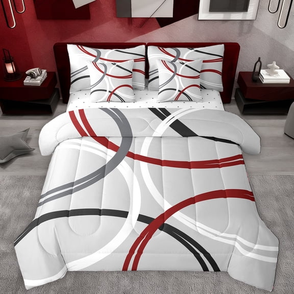 Manfei Vintage Geometric Stripe 7-Piece Twin Bedding Sets,Modern Abstract Art Bedding Comforter Set,Gray Red White Sheet Sets For Men Women,Super Cozy Room Decor Reversible
