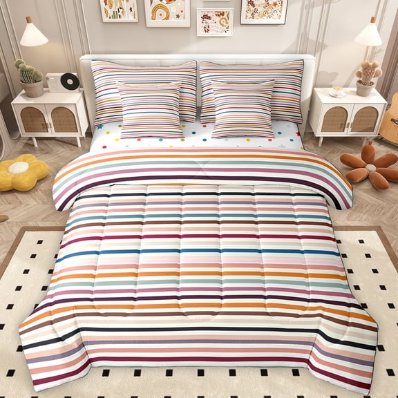 Manfei Vintage Geometric Stripe 7-Piece Twin Bedding Sets,Modern Abstract Art Bedding Comforter Set,Multicolor Line Sheet Sets For Men Women,Super Cozy Room Decor Reversible