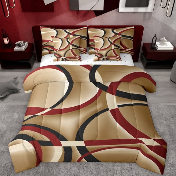 Manfei Vintage Geometric Stripe 7pcs Bedding Comforter Set,Modern Abstract Art Queen Bedding Sets,Brown Red Black Queen Sheet Sets For Men Women,Super Cozy Room Decor Reversible
