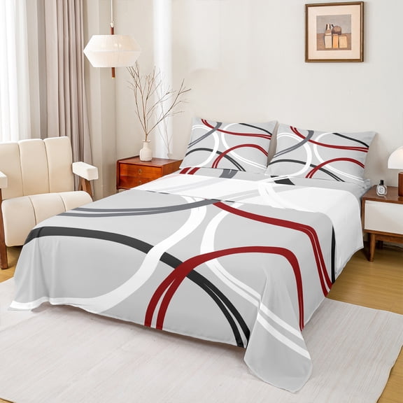 Manfei Vintage Geometric Stripe Bed Sheets,Modern Abstract Art King Sheets,Gray Red White Sheet Set For Men Women,Super Cozy Room Decor,4-Piece