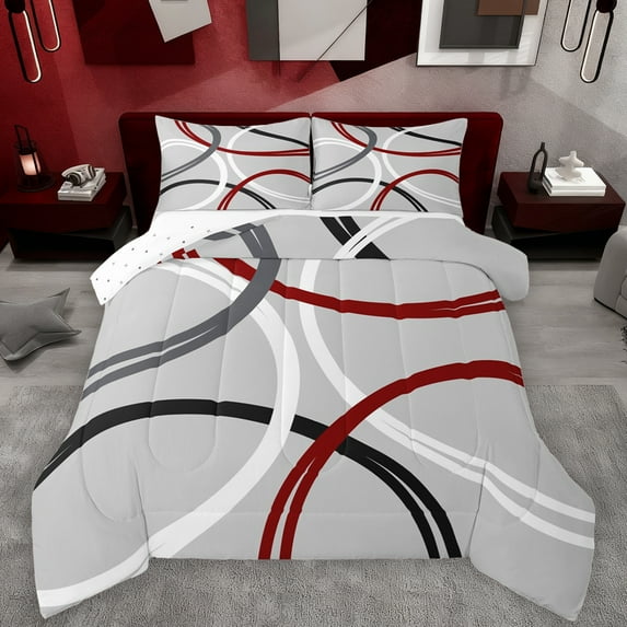 Manfei Vintage Geometric Stripe Queen Comforter Set,Modern Abstract Art Bedding Sets,Gray Red White Bedding Comforter Set For Men Women,Super Cozy Room Decor Reversible,3pcs