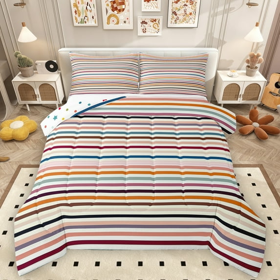 Manfei Vintage Geometric Stripe Queen Comforter Set,Modern Abstract Art Bedding Sets,Multicolor Line Bedding Comforter Set For Men Women,Super Cozy Room Decor Reversible,3 Pieces