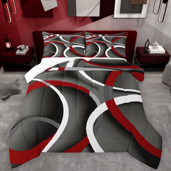 Manfei Vintage Geometric Stripe Queen Comforter Set,Modern Abstract Art Bedding Sets,Red Gray White Bedding Comforter Set For Men Women,Super Cozy Room Decor Reversible,3-Piece